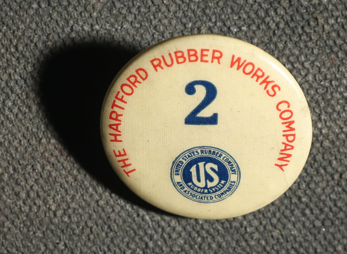 Pair of Employee Badge Buttons, Birds Eye, Inc Avon New York and the Hartford Rubber Works Company