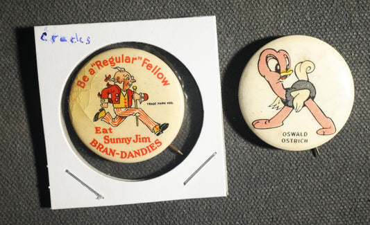 Pair of Cartoon Buttons Including Sunny Jim Bran-Dandies Advertisement and Oswald Ostrich