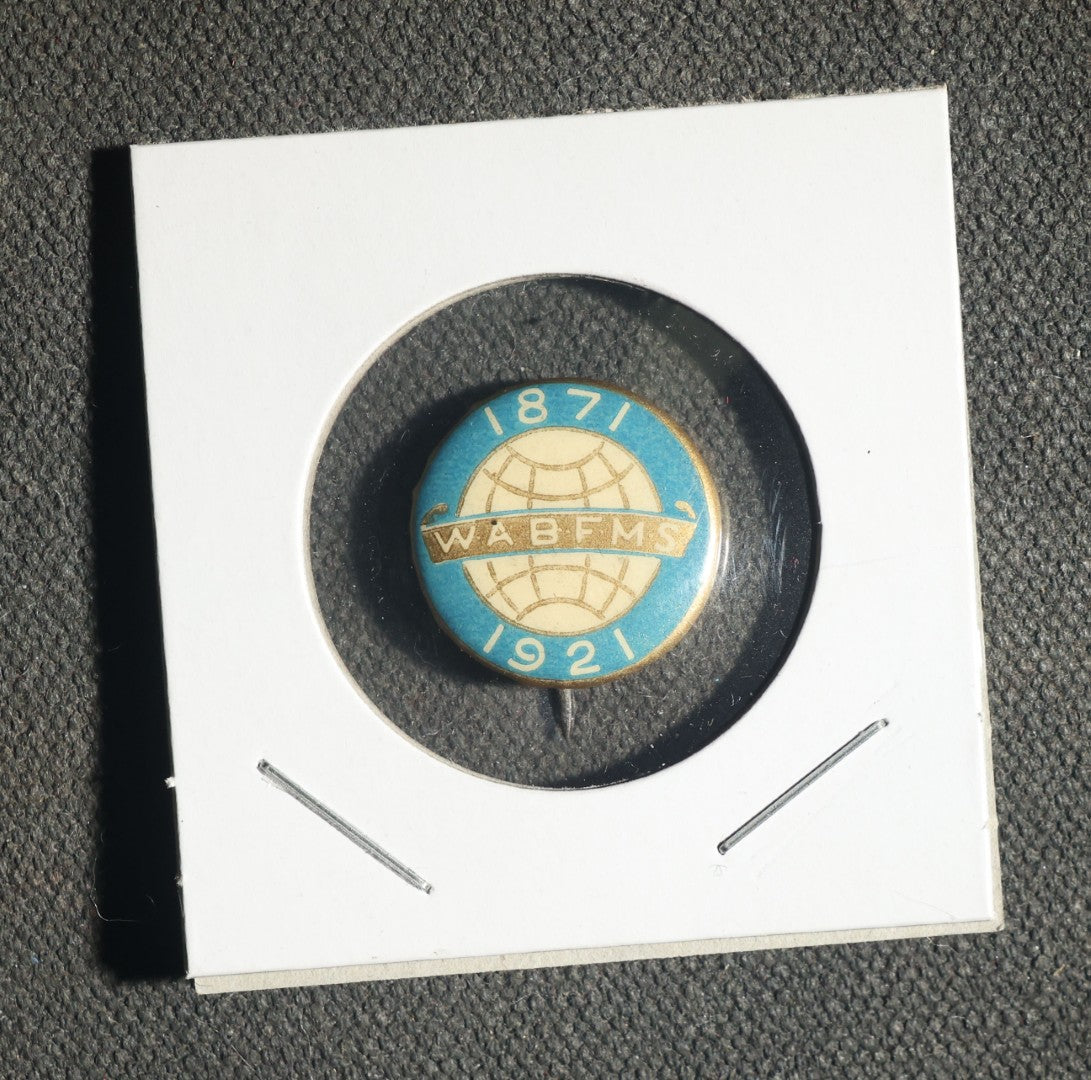 Three Items Including Woman's American Baptist Foreign Mission Society 50 Year Anniversary Button, Portsmouth New Hampshire Tercentenary 1623-1923 Studback, and Boston and Maine Railroad Safety First Stud Back