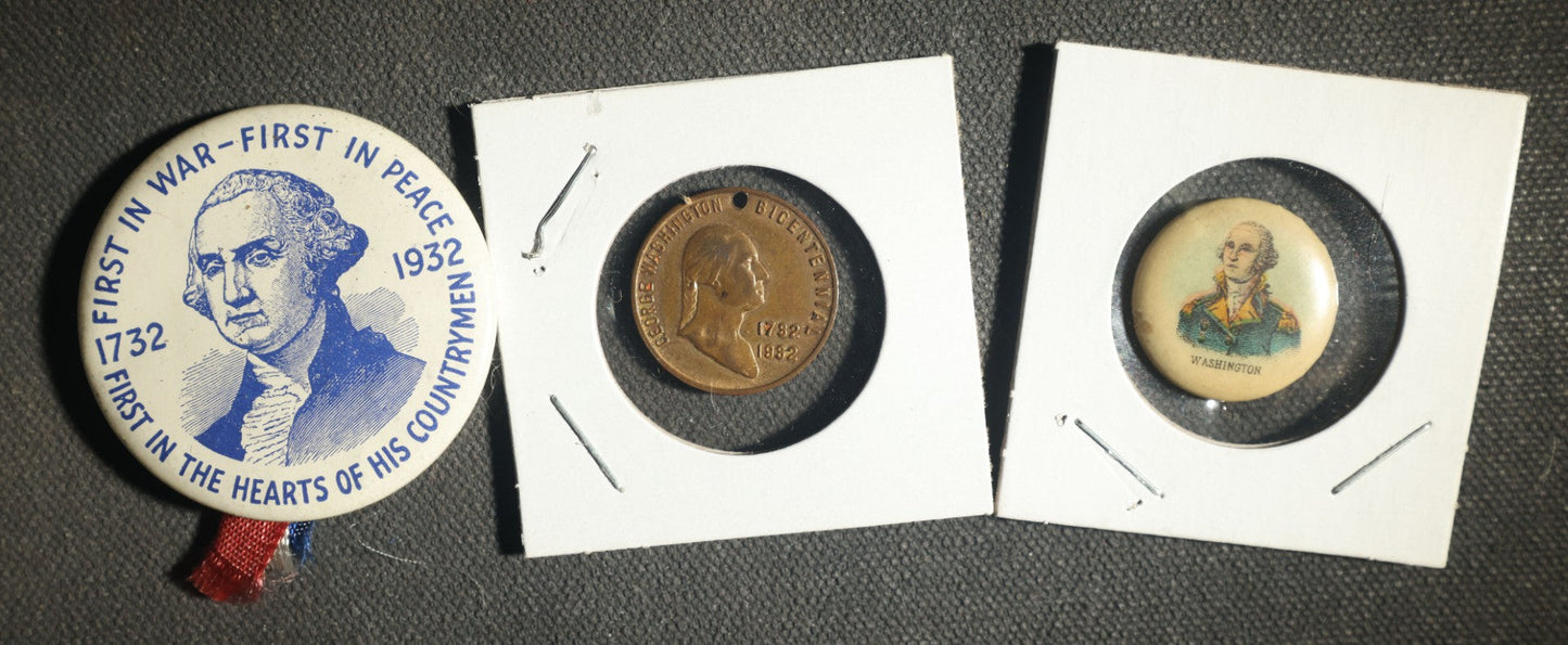 Trio of George Washington Items Including Two Pins and Bicentennial Coin
