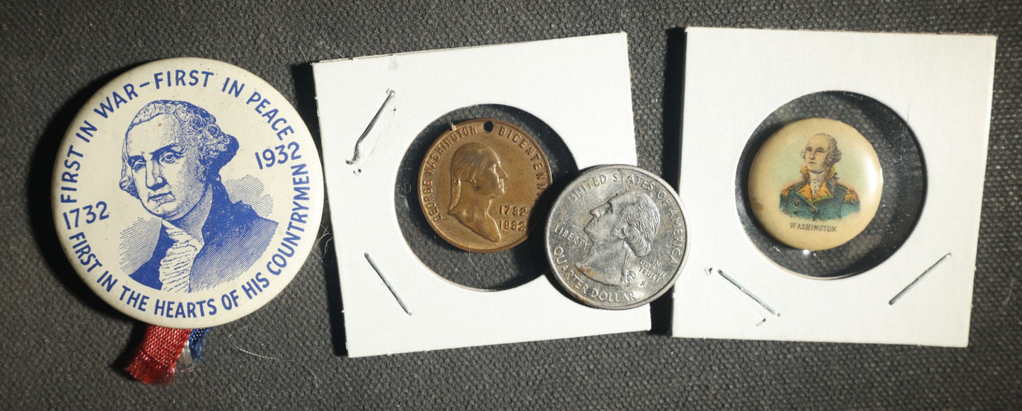 Trio of George Washington Items Including Two Pins and Bicentennial Coin