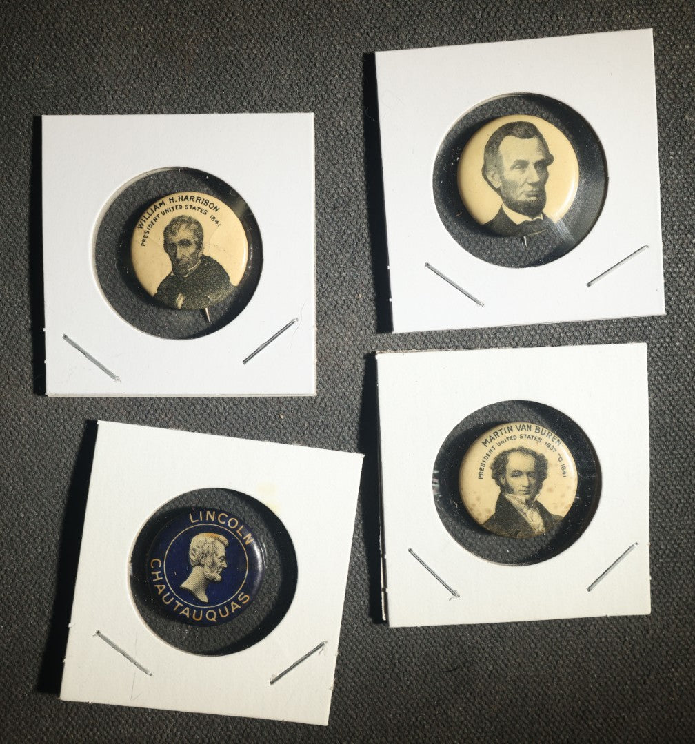 Four President Buttons Including Two Abraham Lincoln, Martin Van Buren, and William Henry Harrison