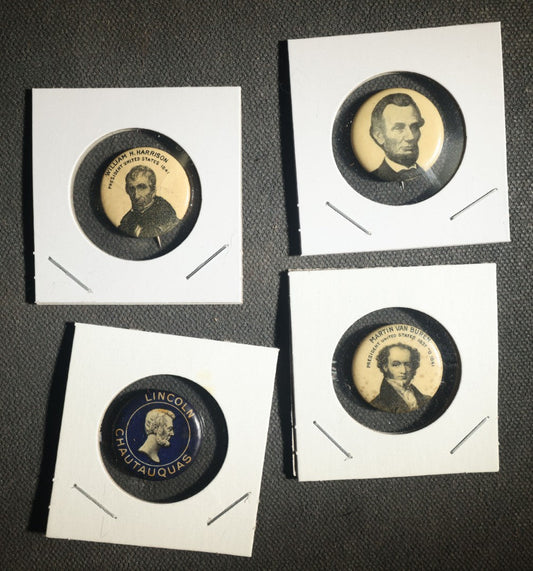 Four President Buttons Including Two Abraham Lincoln, Martin Van Buren, and William Henry Harrison