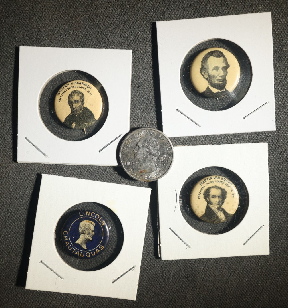 Four President Buttons Including Two Abraham Lincoln, Martin Van Buren, and William Henry Harrison