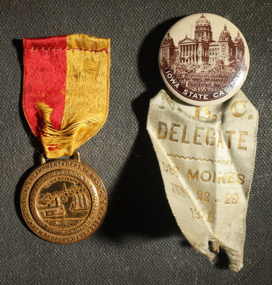 Pair of Badges and Ribbons, Iowa State Capital Delegate 1921 and New Bedford, Massachusetts  36th Annual Encampment 1935