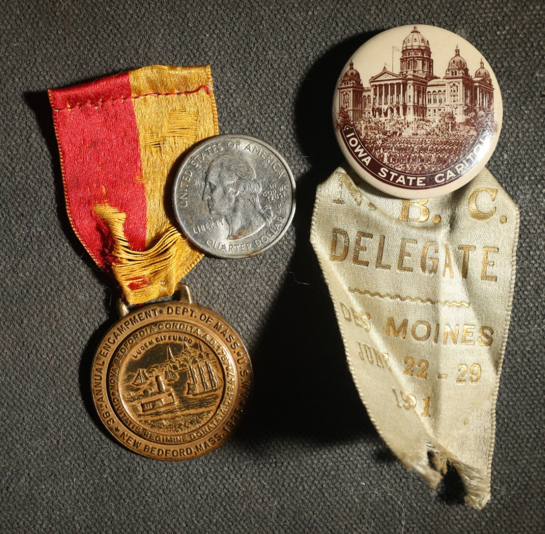 Pair of Badges and Ribbons, Iowa State Capital Delegate 1921 and New Bedford, Massachusetts  36th Annual Encampment 1935