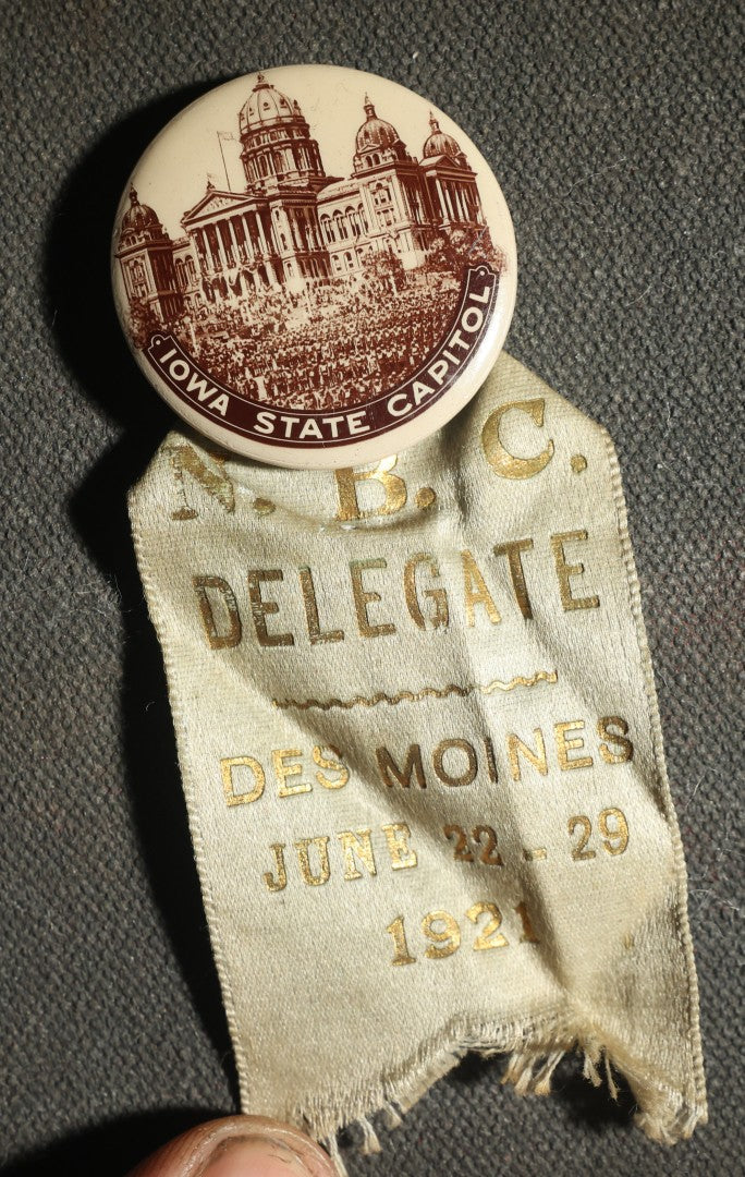 Pair of Badges and Ribbons, Iowa State Capital Delegate 1921 and New Bedford, Massachusetts  36th Annual Encampment 1935