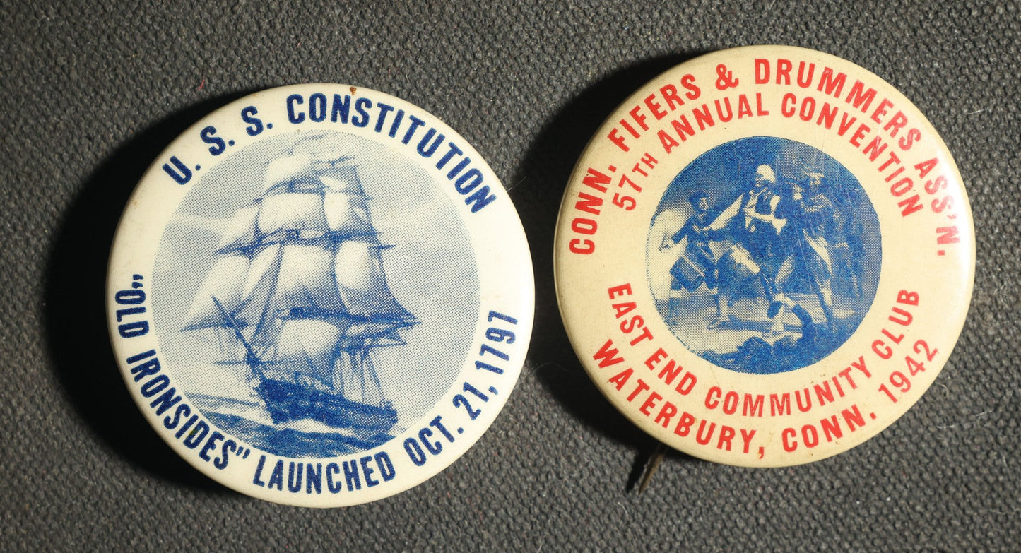 Pair of Buttons, U.S.S. Constitution and Connecticut Fifers and Drummers Association 1942