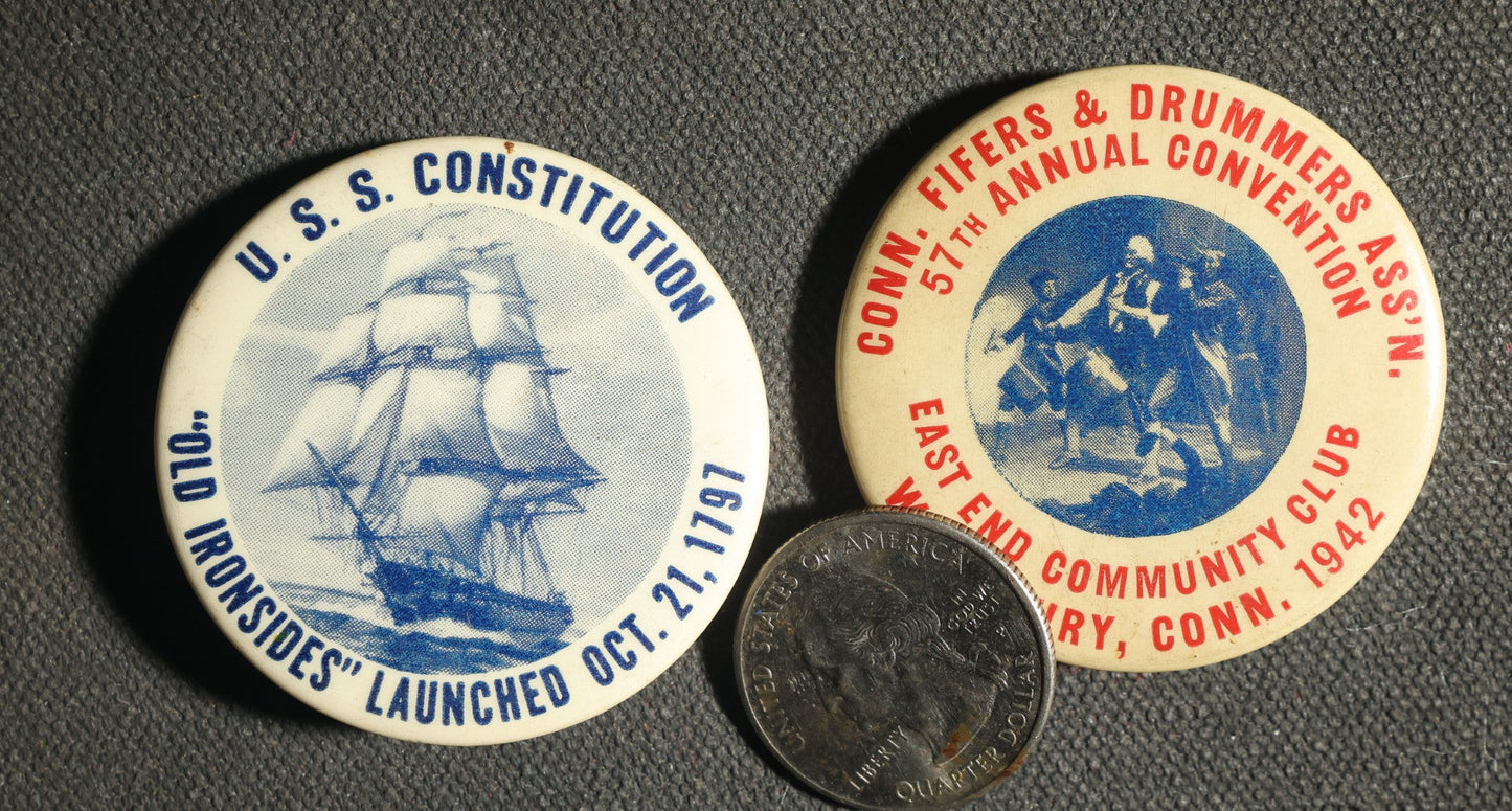 Pair of Buttons, U.S.S. Constitution and Connecticut Fifers and Drummers Association 1942
