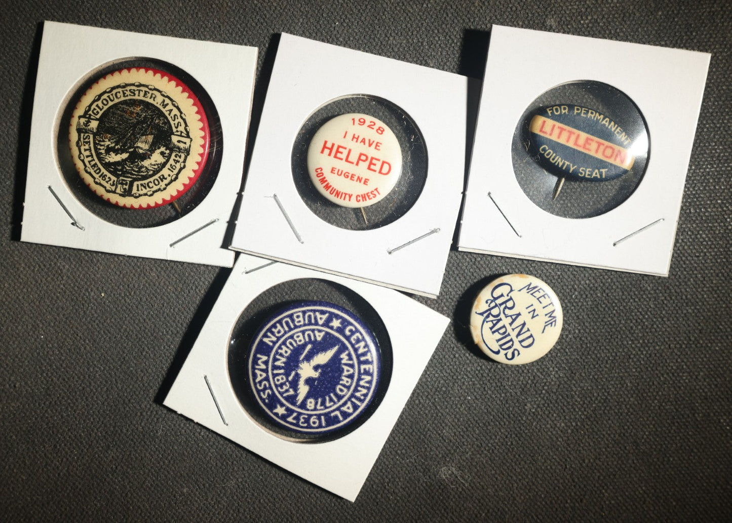 Five Local Interest Buttons, Gloucester Mass, Eugene Oregon, Littleton Mass, Grand Rapids Michigan, Auburn Mass