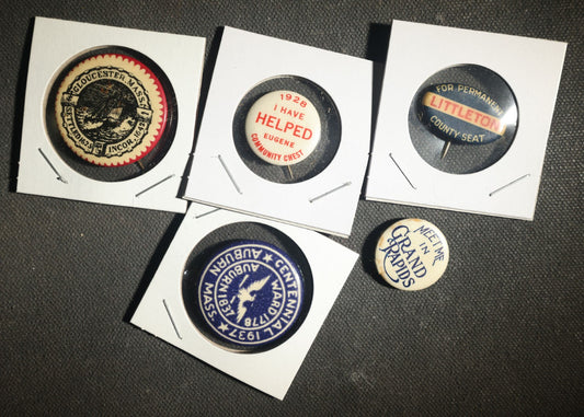 Five Local Interest Buttons, Gloucester Mass, Eugene Oregon, Littleton Mass, Grand Rapids Michigan, Auburn Mass