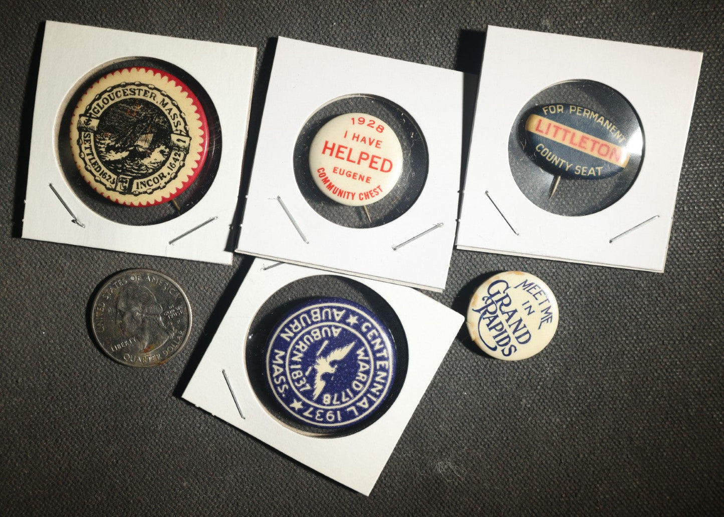Five Local Interest Buttons, Gloucester Mass, Eugene Oregon, Littleton Mass, Grand Rapids Michigan, Auburn Mass