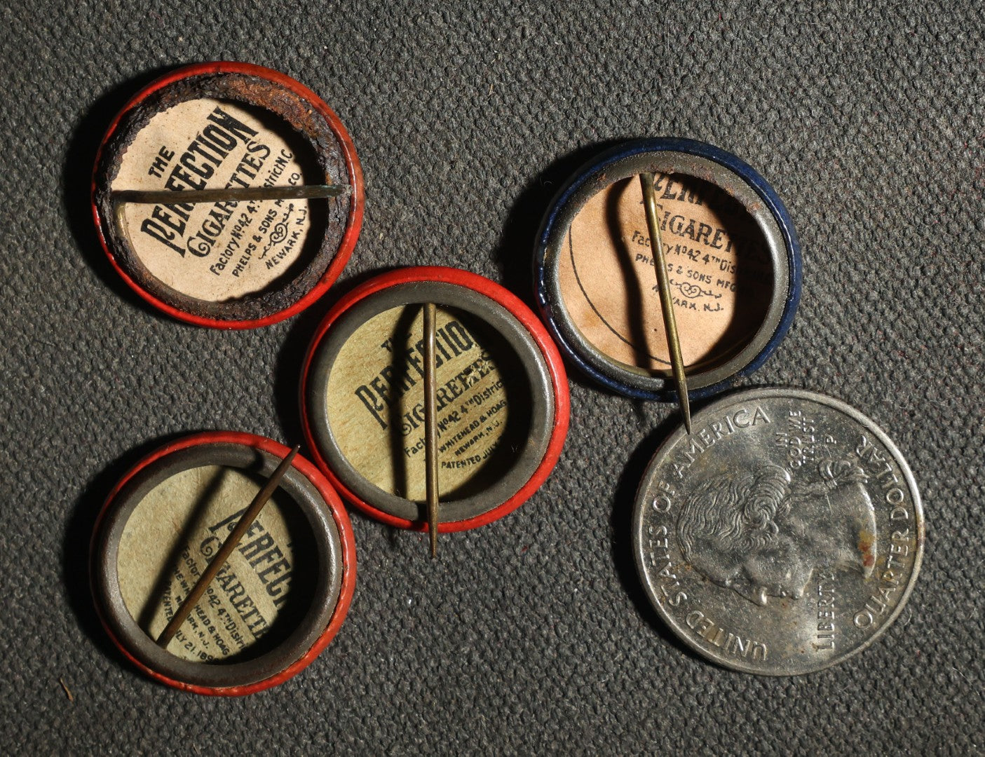 Four Saying Buttons, Easy Money, I AM Busy, Have a Heart, Hey Quit That, Perfection Cigarettes Advertisements