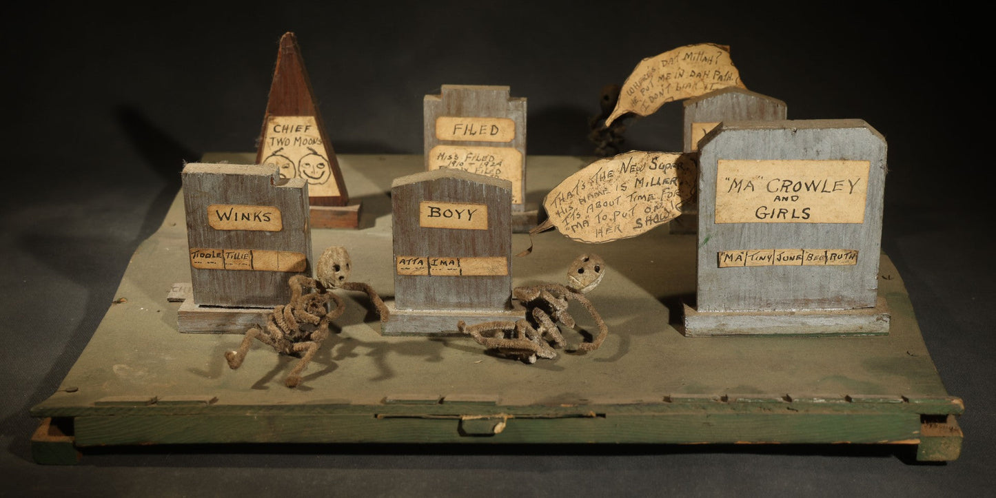 Antique Folk Art Handmade Graveyard Diorama with Wooden Gravestones, Twisted Pipe Cleaner Skeleton Figures, and Hand-Lettered Speech Bubbles, "The Grove Ghosts Inc Knights of Fun"