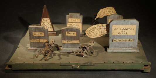 Antique Folk Art Handmade Graveyard Diorama with Wooden Gravestones, Twisted Pipe Cleaner Skeleton Figures, and Hand-Lettered Speech Bubbles, "The Grove Ghosts Inc Knights of Fun"