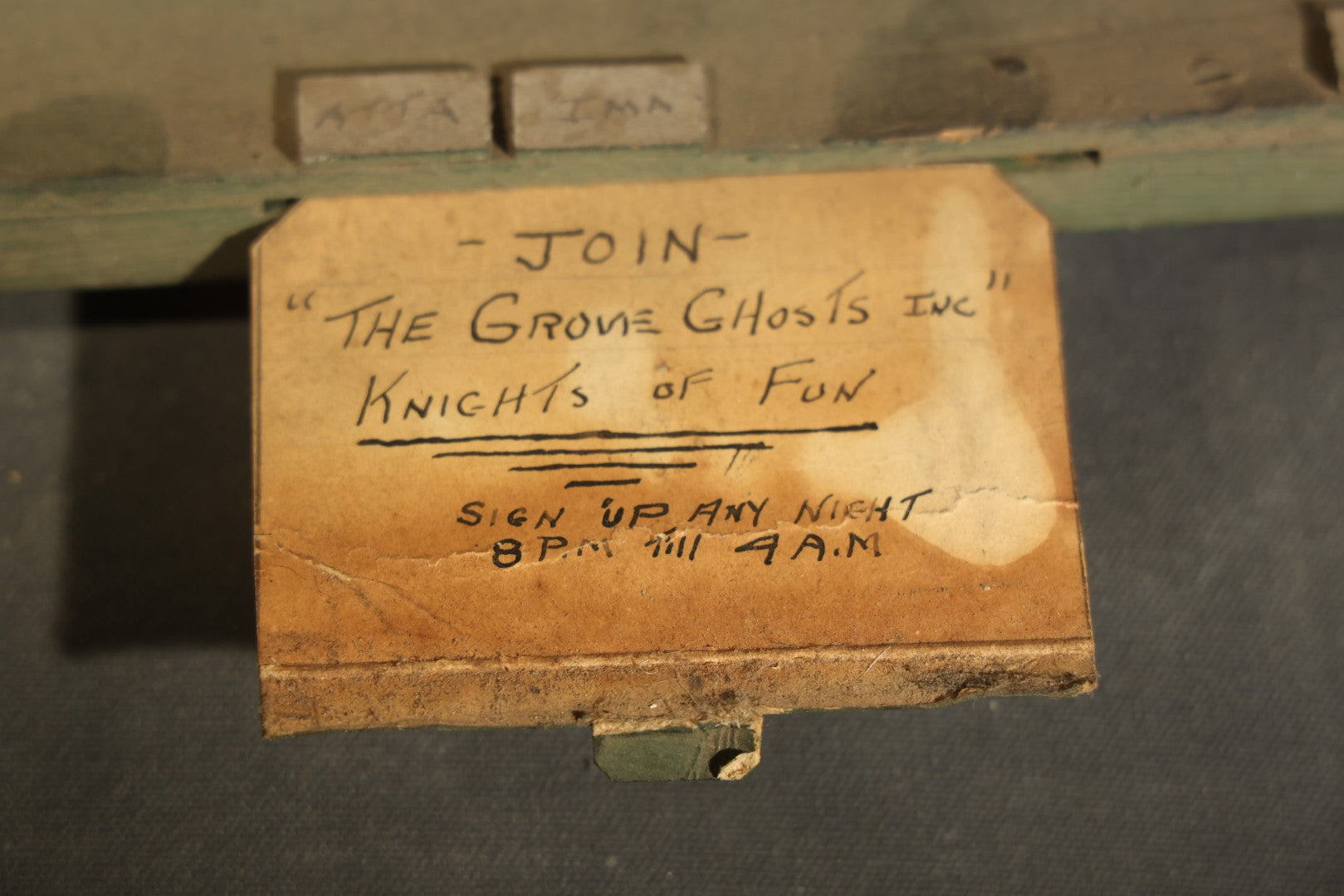 Antique Folk Art Handmade Graveyard Diorama with Wooden Gravestones, Twisted Pipe Cleaner Skeleton Figures, and Hand-Lettered Speech Bubbles, "The Grove Ghosts Inc Knights of Fun"