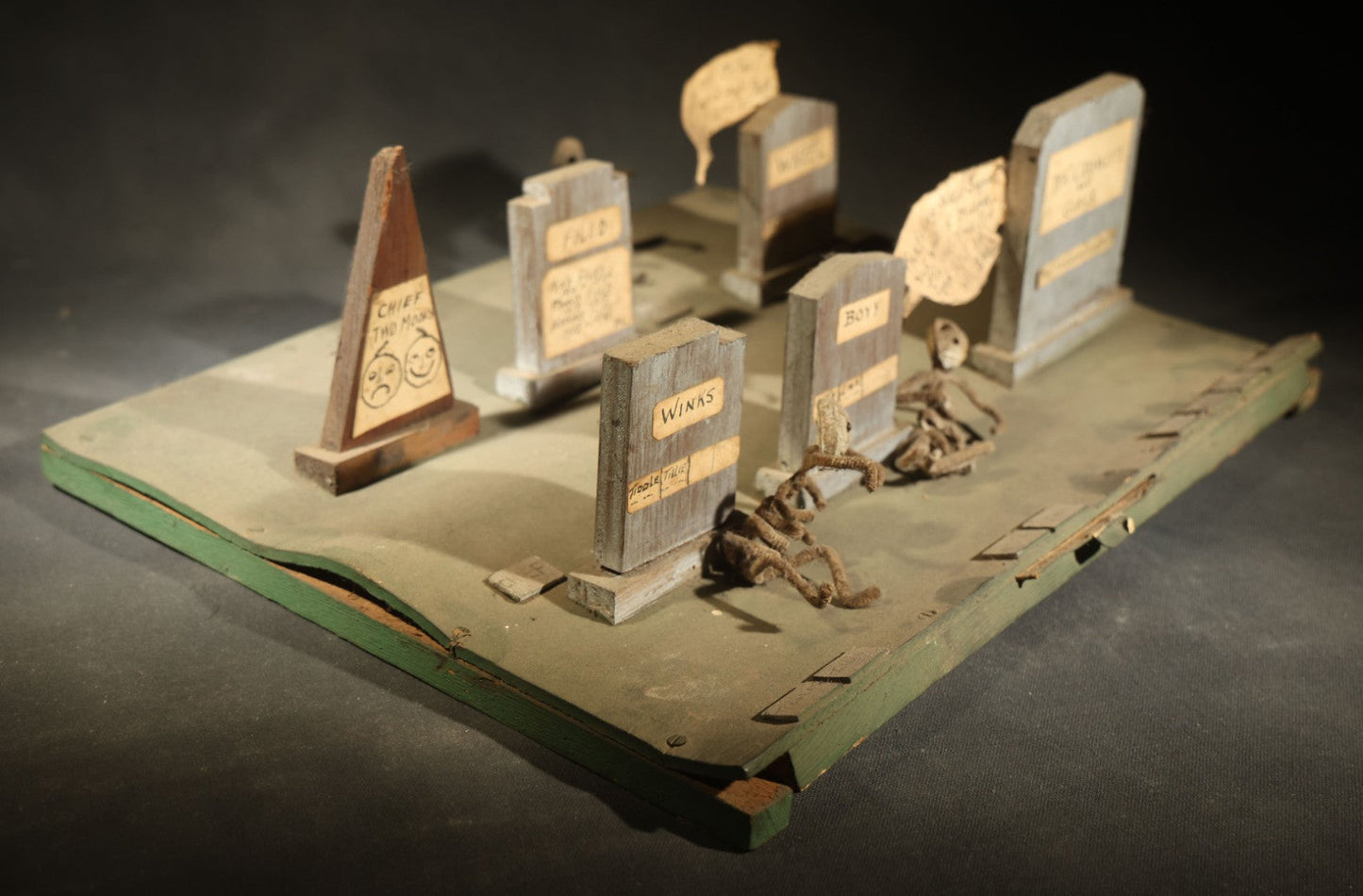 Antique Folk Art Handmade Graveyard Diorama with Wooden Gravestones, Twisted Pipe Cleaner Skeleton Figures, and Hand-Lettered Speech Bubbles, "The Grove Ghosts Inc Knights of Fun"