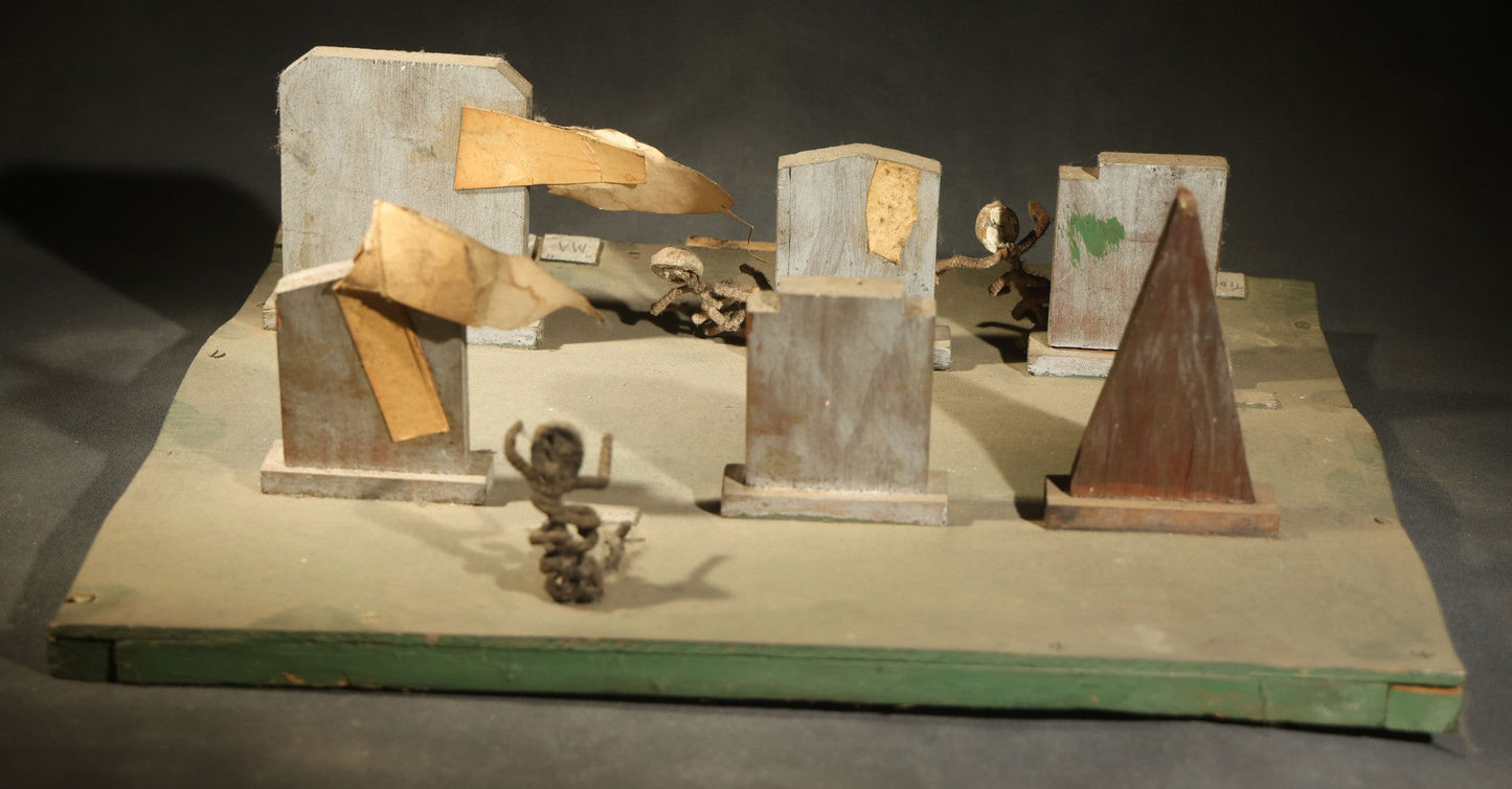 Antique Folk Art Handmade Graveyard Diorama with Wooden Gravestones, Twisted Pipe Cleaner Skeleton Figures, and Hand-Lettered Speech Bubbles, "The Grove Ghosts Inc Knights of Fun"