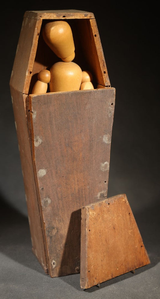 Antique Wooden Folk Art Coffin with Vintage Posable Artist's Mannequin Figure