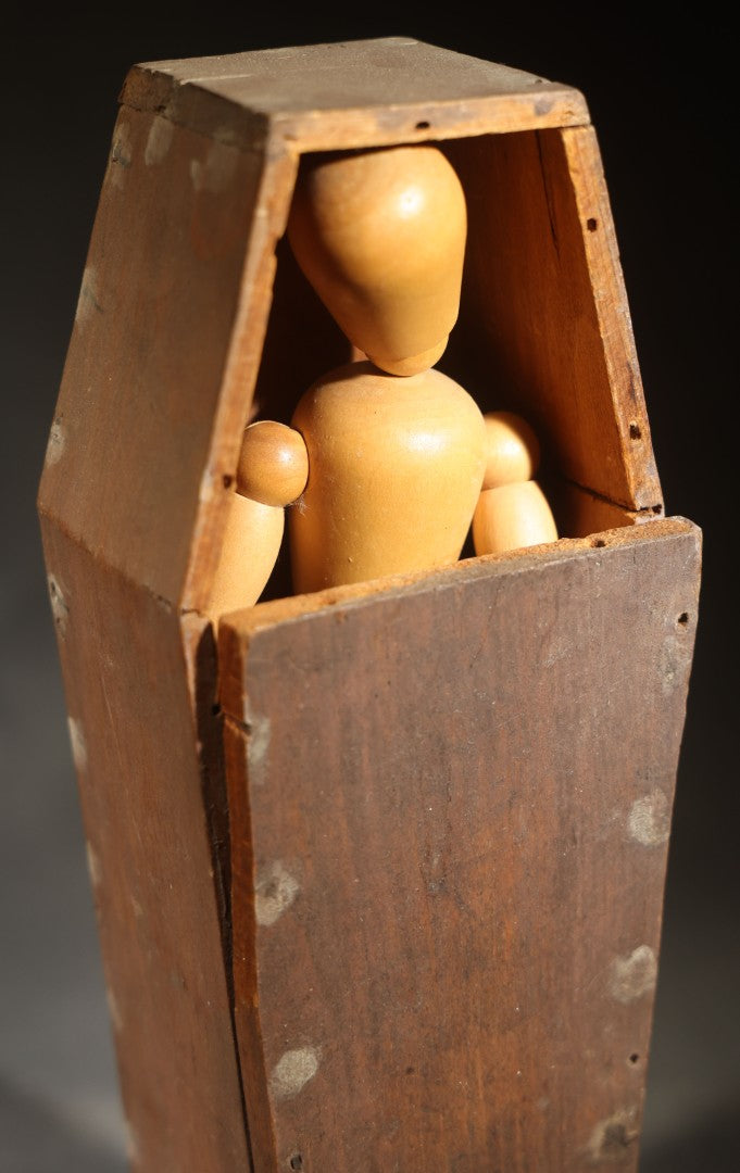 Antique Wooden Folk Art Coffin with Vintage Posable Artist's Mannequin Figure