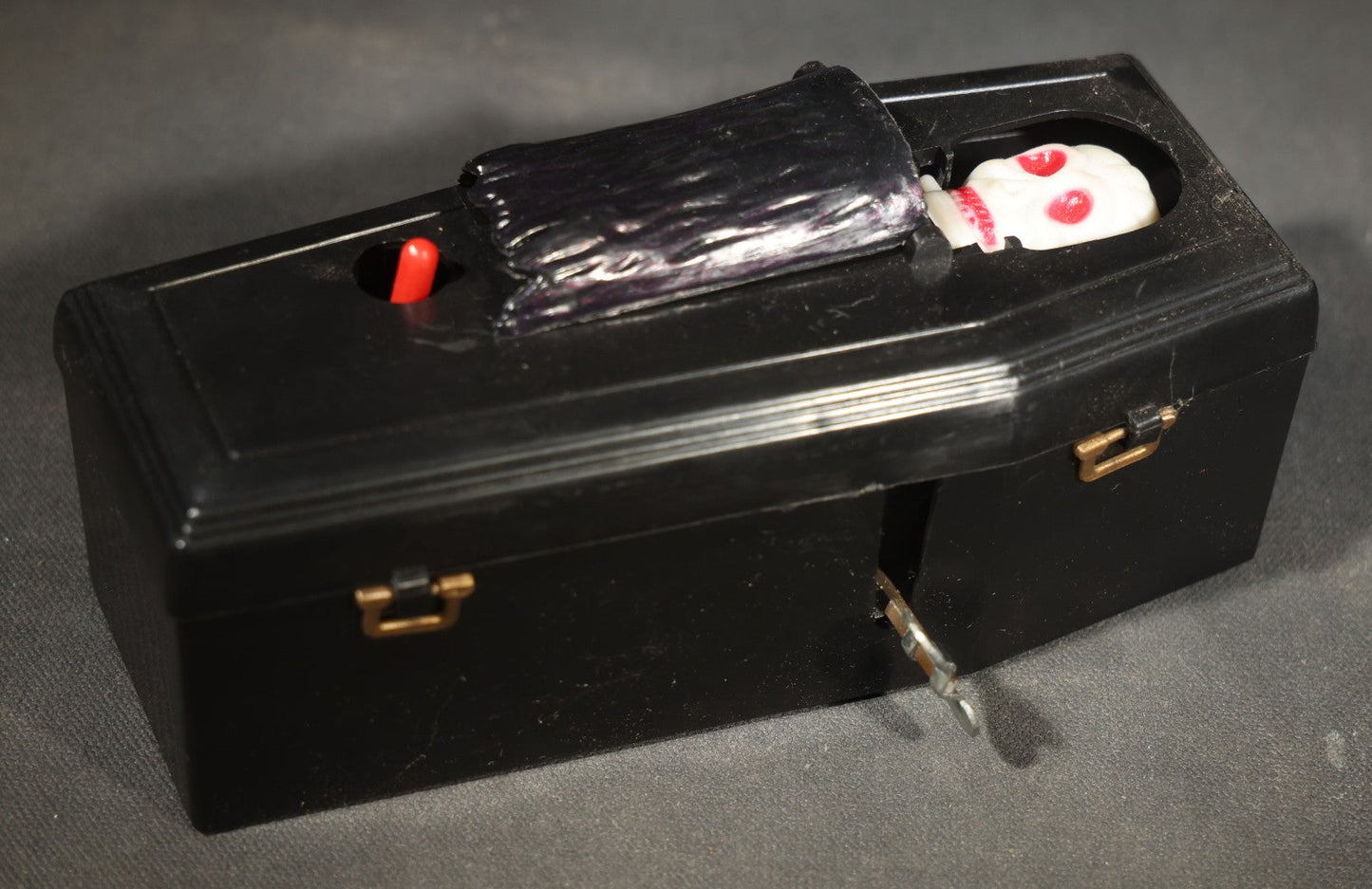 Vintage "Clockwork Coffin Bank" Wind-Up Skeleton Mechanical Bank, "They Buried Me in Las Vegas" Souvenir, Made in Hong Kong, with Original Box
