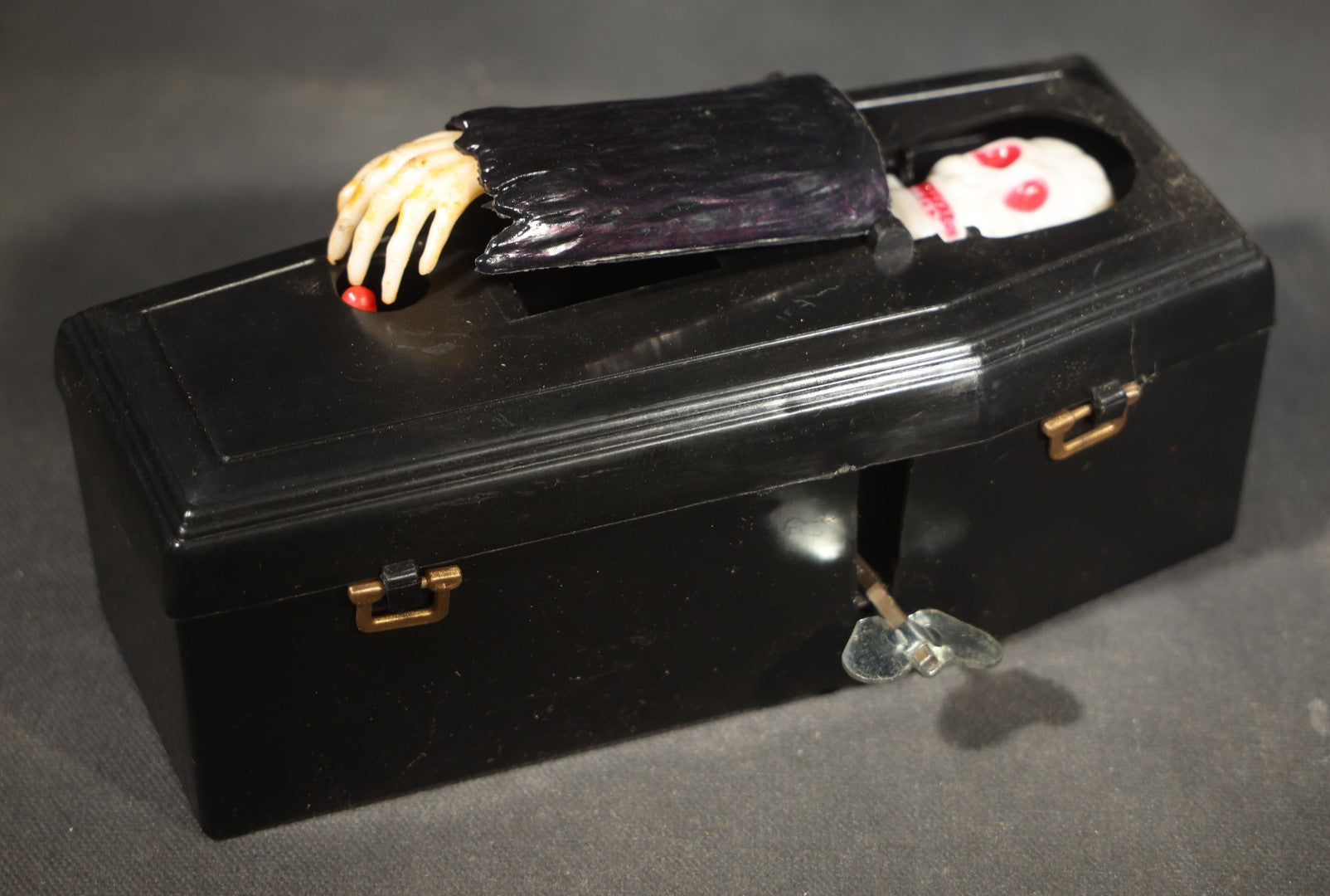 Vintage "Clockwork Coffin Bank" Wind-Up Skeleton Mechanical Bank, "They Buried Me in Las Vegas" Souvenir, Made in Hong Kong, with Original Box