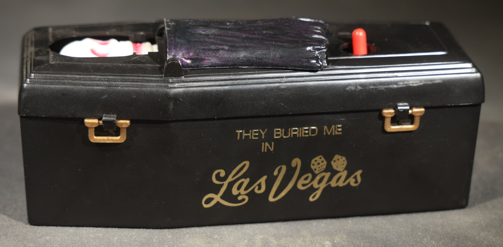 Vintage "Clockwork Coffin Bank" Wind-Up Skeleton Mechanical Bank, "They Buried Me in Las Vegas" Souvenir, Made in Hong Kong, with Original Box