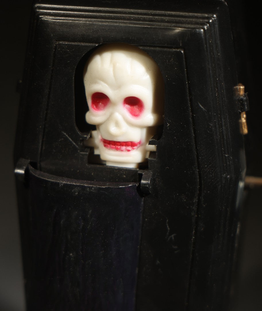Vintage "Clockwork Coffin Bank" Wind-Up Skeleton Mechanical Bank, "They Buried Me in Las Vegas" Souvenir, Made in Hong Kong, with Original Box