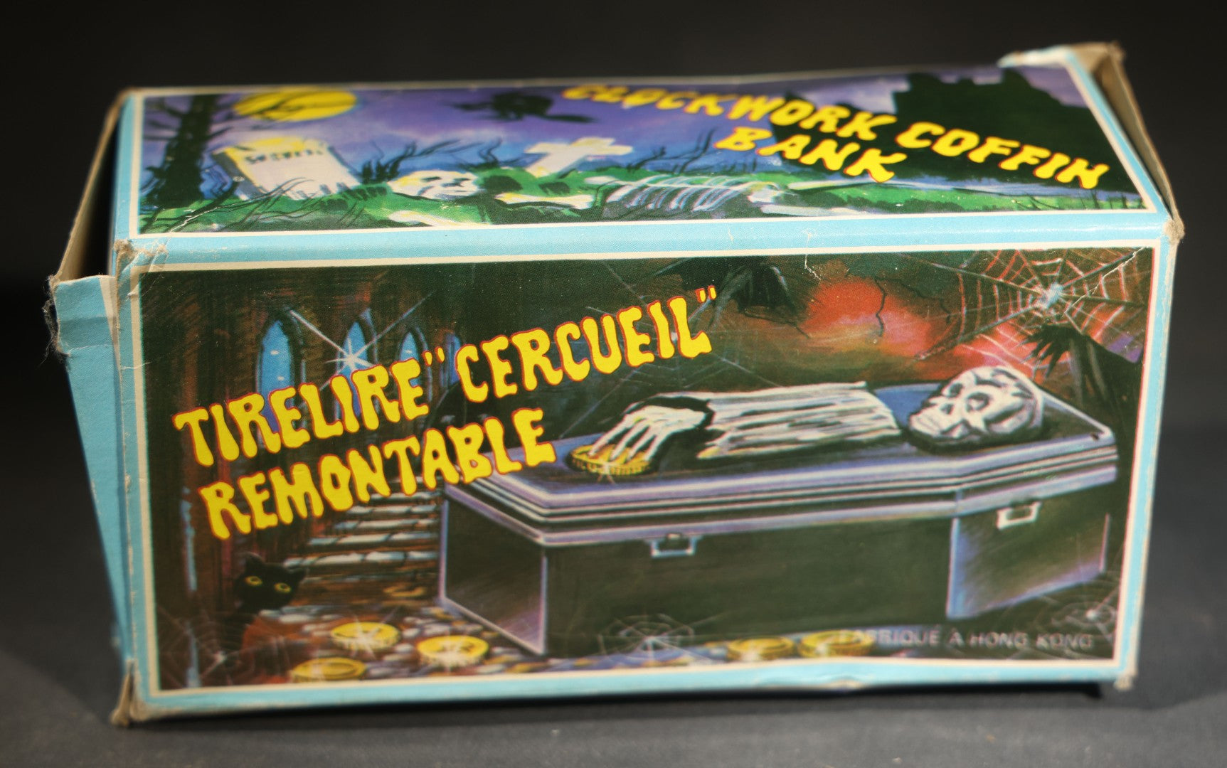 Vintage "Clockwork Coffin Bank" Wind-Up Skeleton Mechanical Bank, "They Buried Me in Las Vegas" Souvenir, Made in Hong Kong, with Original Box