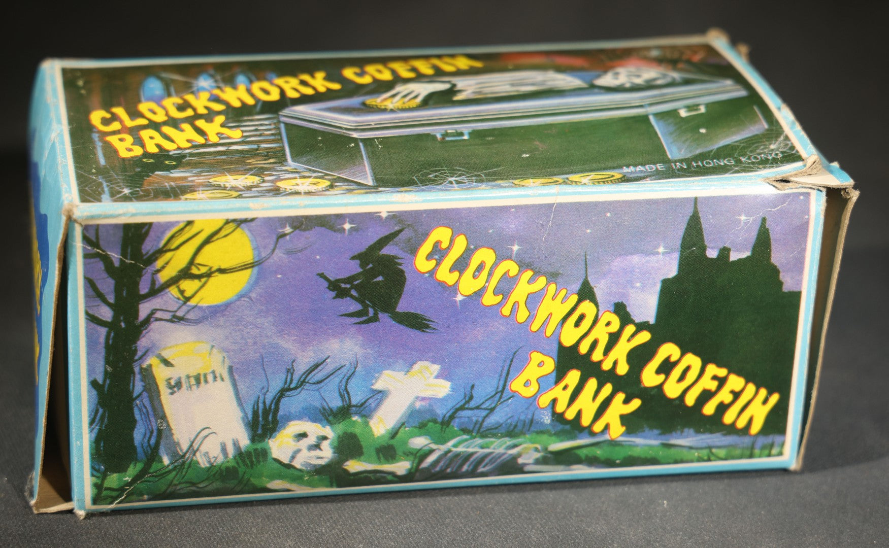 Vintage "Clockwork Coffin Bank" Wind-Up Skeleton Mechanical Bank, "They Buried Me in Las Vegas" Souvenir, Made in Hong Kong, with Original Box