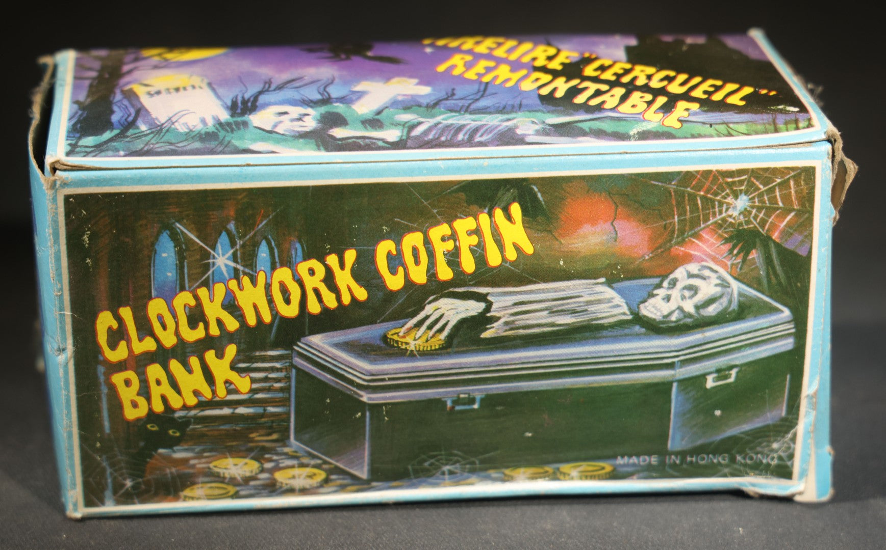 Vintage "Clockwork Coffin Bank" Wind-Up Skeleton Mechanical Bank, "They Buried Me in Las Vegas" Souvenir, Made in Hong Kong, with Original Box