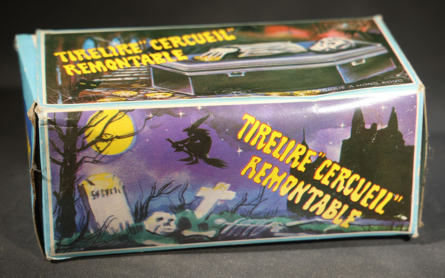 Vintage "Clockwork Coffin Bank" Wind-Up Skeleton Mechanical Bank, "They Buried Me in Las Vegas" Souvenir, Made in Hong Kong, with Original Box