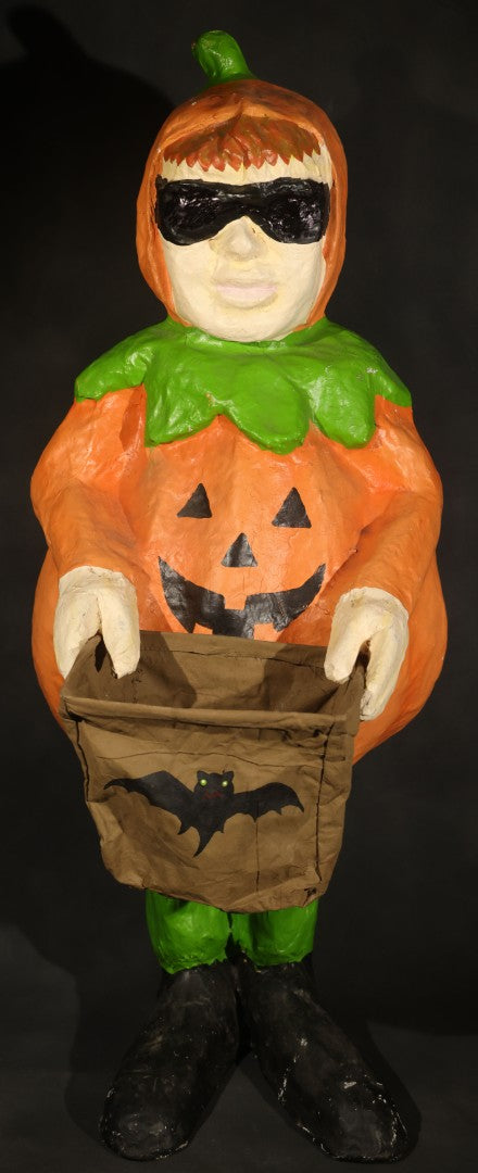 Vintage Papier-Mache Halloween Trick-or-Treat Pumpkin Boy Figure with Bat Candy Bag
