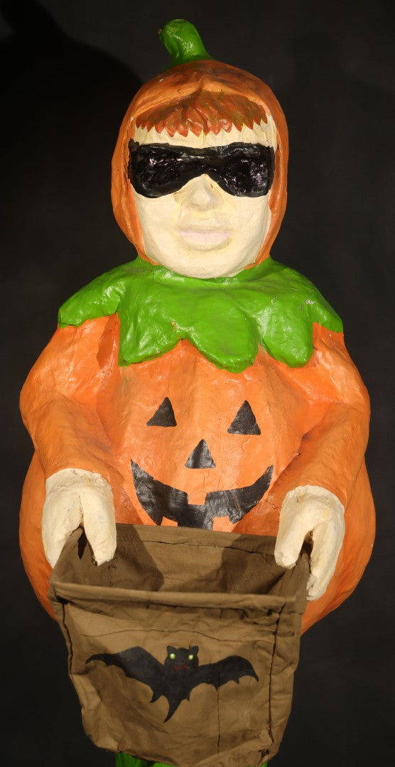 Vintage Papier-Mache Halloween Trick-or-Treat Pumpkin Boy Figure with Bat Candy Bag