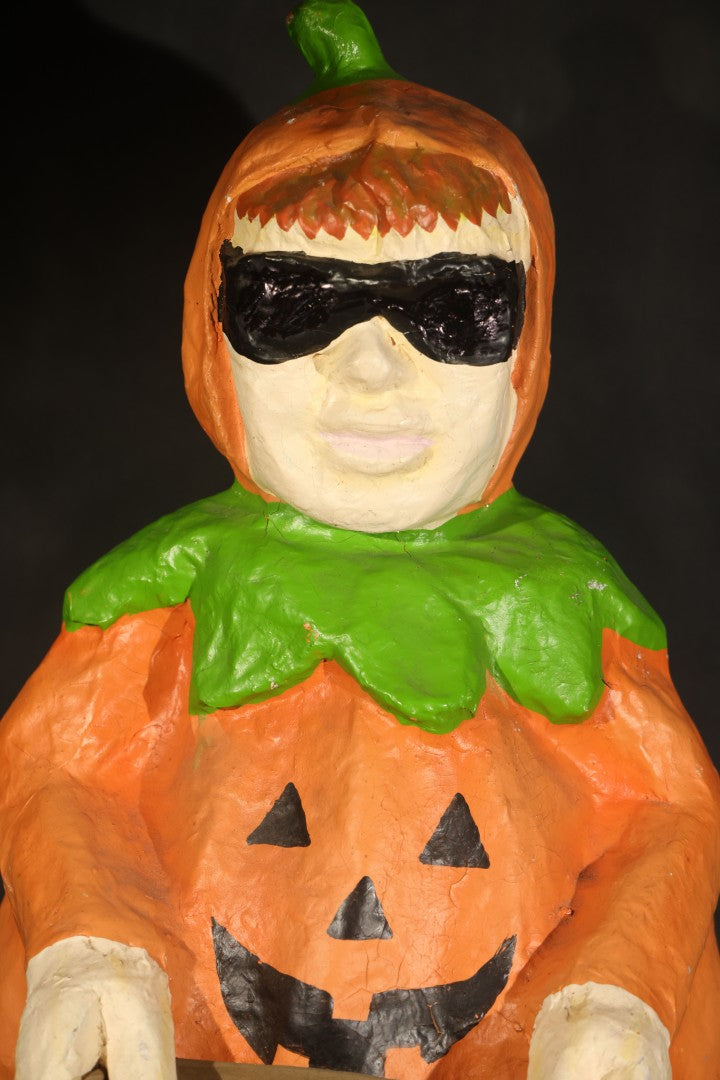 Vintage Papier-Mache Halloween Trick-or-Treat Pumpkin Boy Figure with Bat Candy Bag