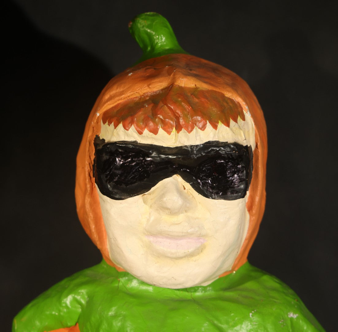 Vintage Papier-Mache Halloween Trick-or-Treat Pumpkin Boy Figure with Bat Candy Bag