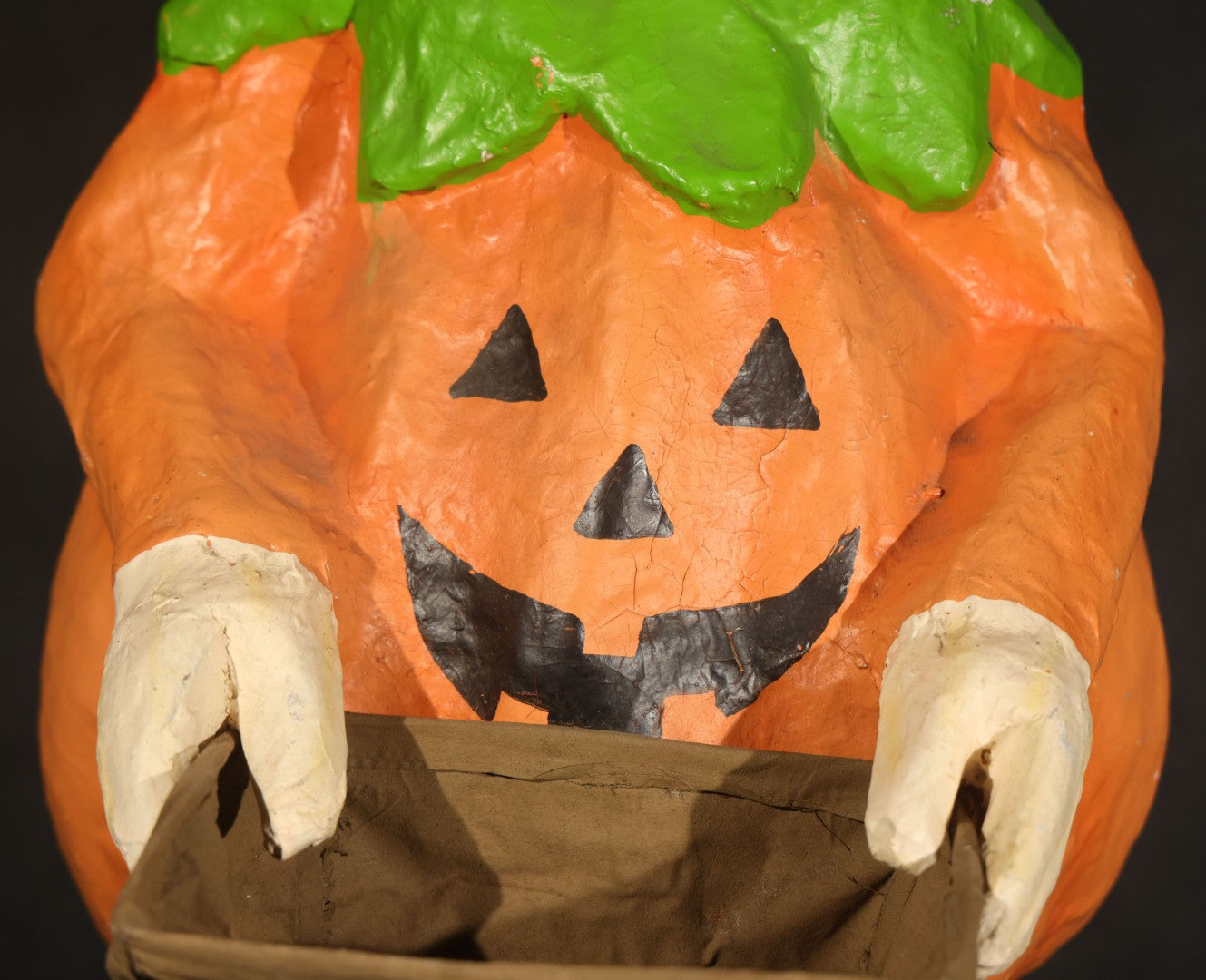 Vintage Papier-Mache Halloween Trick-or-Treat Pumpkin Boy Figure with Bat Candy Bag