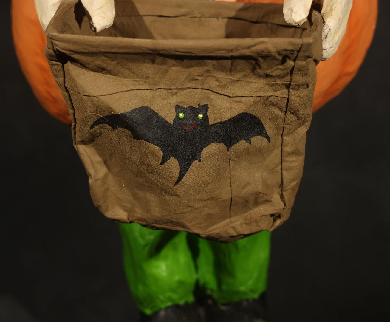 Vintage Papier-Mache Halloween Trick-or-Treat Pumpkin Boy Figure with Bat Candy Bag
