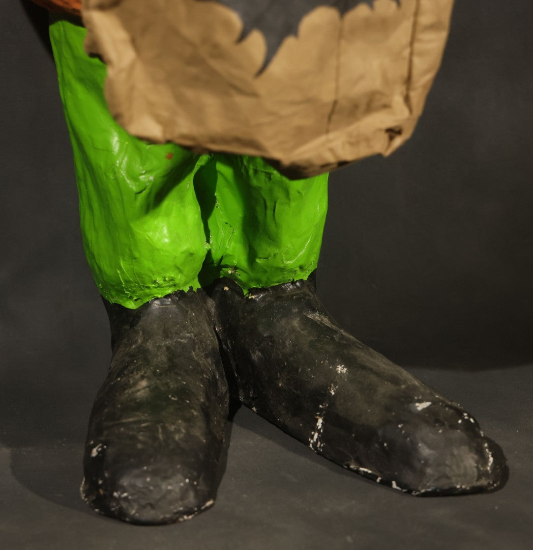 Vintage Papier-Mache Halloween Trick-or-Treat Pumpkin Boy Figure with Bat Candy Bag
