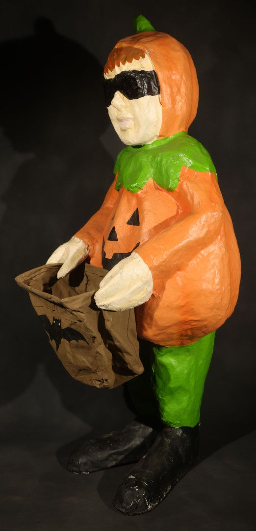 Vintage Papier-Mache Halloween Trick-or-Treat Pumpkin Boy Figure with Bat Candy Bag