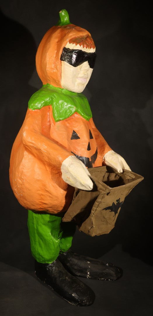 Vintage Papier-Mache Halloween Trick-or-Treat Pumpkin Boy Figure with Bat Candy Bag