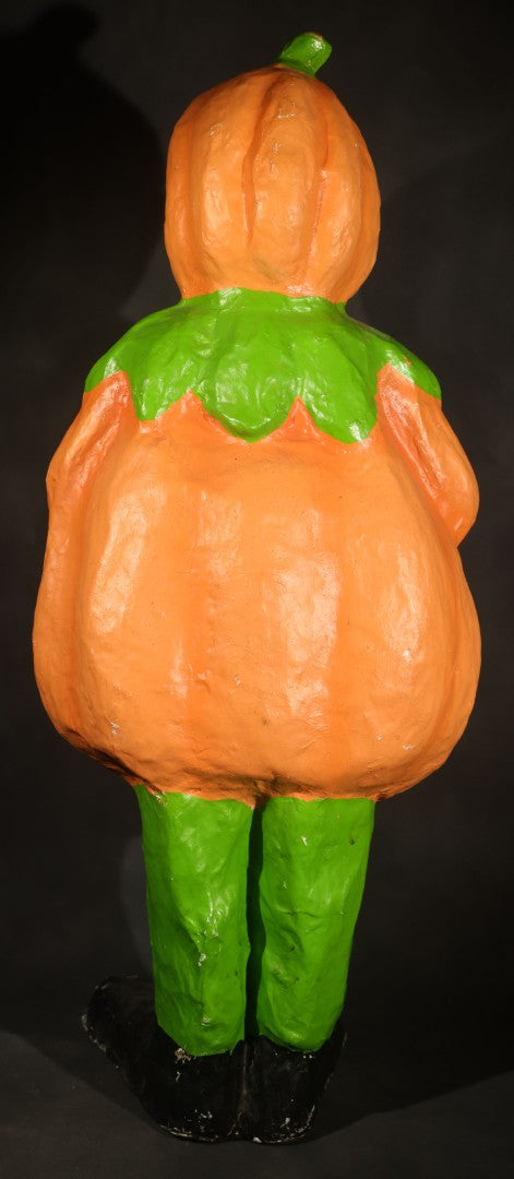 Vintage Papier-Mache Halloween Trick-or-Treat Pumpkin Boy Figure with Bat Candy Bag