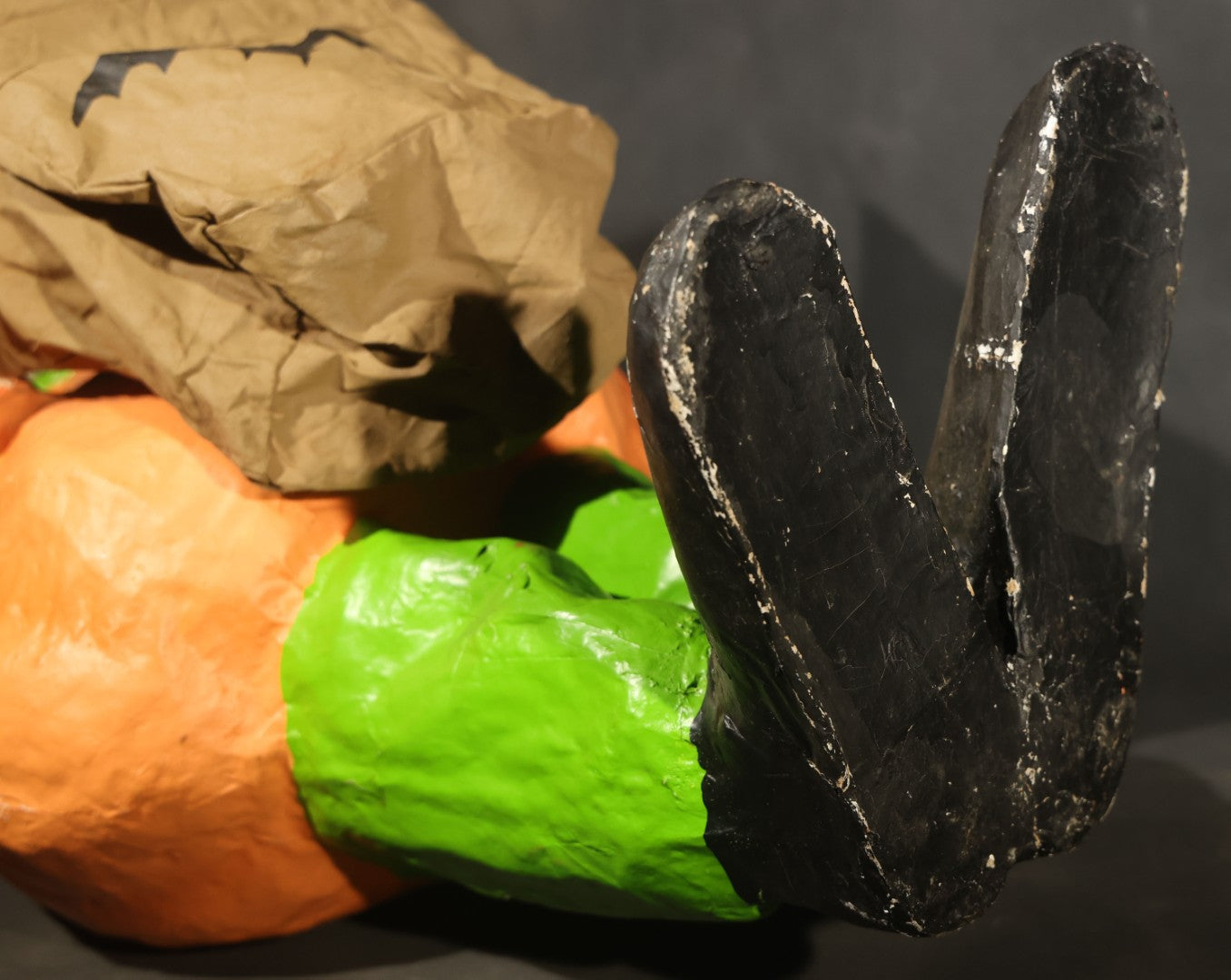 Vintage Papier-Mache Halloween Trick-or-Treat Pumpkin Boy Figure with Bat Candy Bag