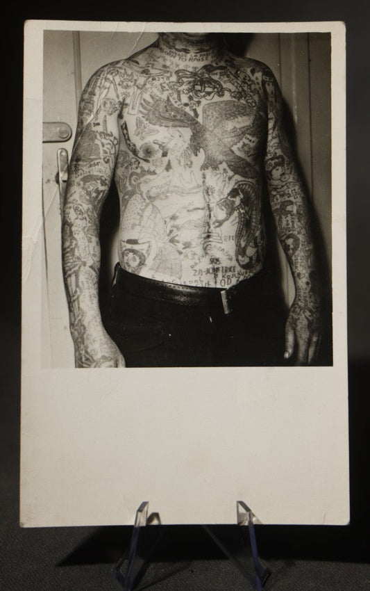 Vintage Real Photo Postcard R.P.P.C. of a Heavily Tattooed Man, Printed on Forte Photographic Paper