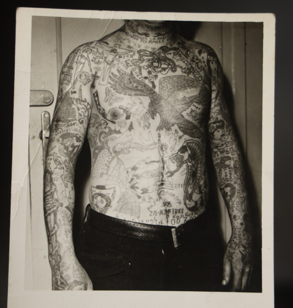 Vintage Real Photo Postcard R.P.P.C. of a Heavily Tattooed Man, Printed on Forte Photographic Paper