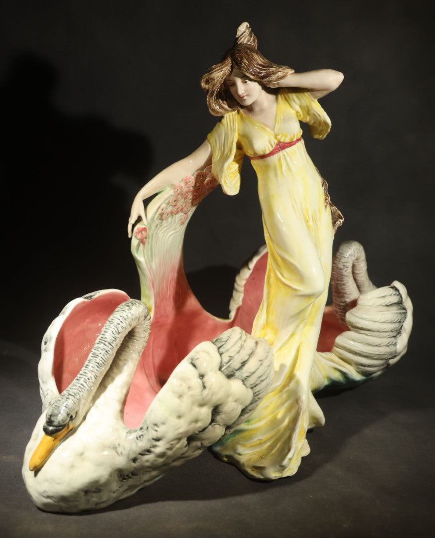 Antique Art Nouveau Eichwald Majolica Figural Planter with Woman in Yellow Dress Flanked by Two Swans, Model 7460, Note Damaged Finger