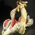 Lot 009 - Antique Art Nouveau Eichwald Majolica Figural Planter with Woman in Yellow Dress Flanked by Two Swans, Model 7460, Note Damaged Finger, 21" L x 15" H