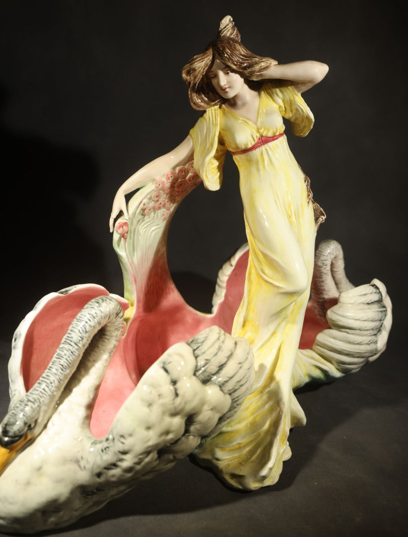 Antique Art Nouveau Eichwald Majolica Figural Planter with Woman in Yellow Dress Flanked by Two Swans, Model 7460, Note Damaged Finger