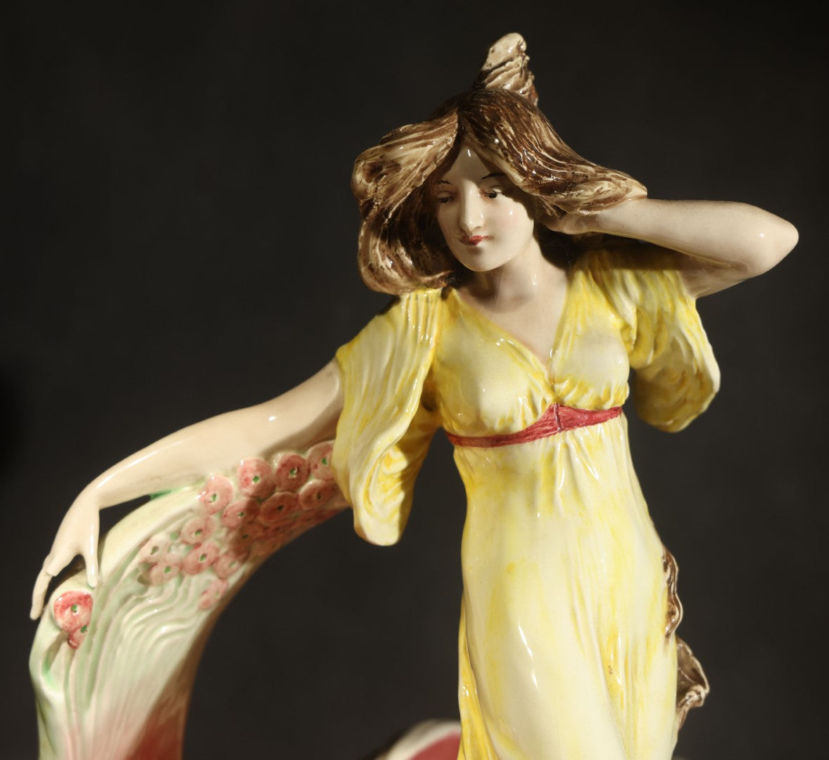 Antique Art Nouveau Eichwald Majolica Figural Planter with Woman in Yellow Dress Flanked by Two Swans, Model 7460, Note Damaged Finger