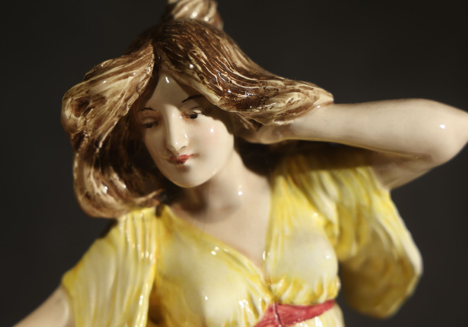 Antique Art Nouveau Eichwald Majolica Figural Planter with Woman in Yellow Dress Flanked by Two Swans, Model 7460, Note Damaged Finger